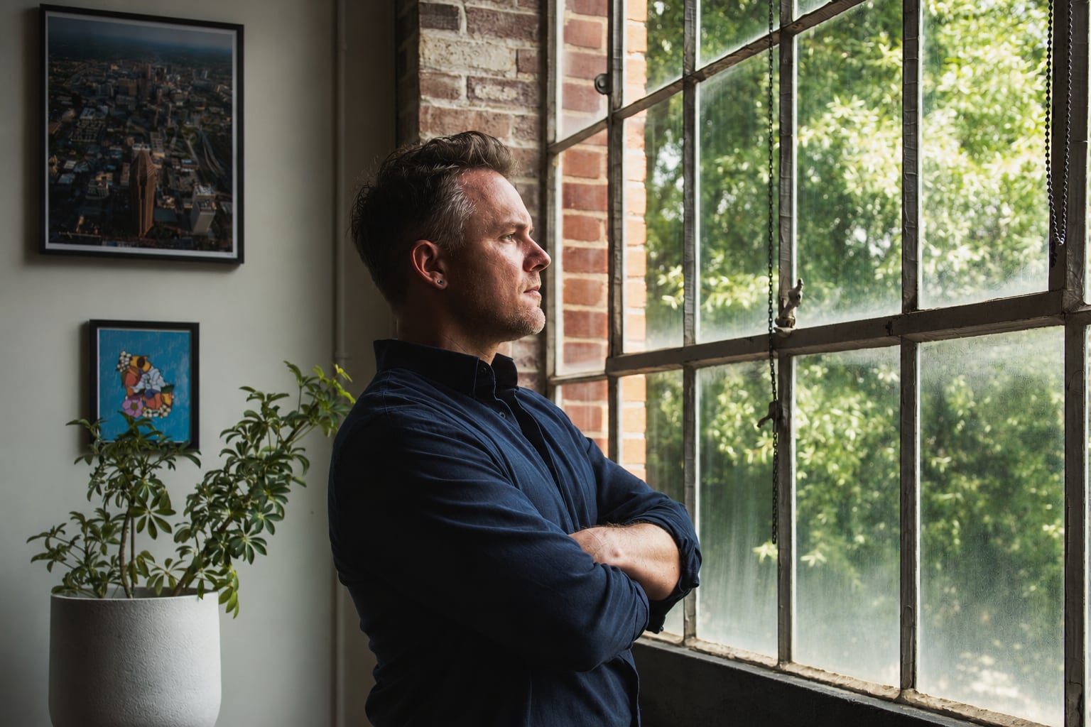 Christopher Shank standing in profile beside an industrial window.